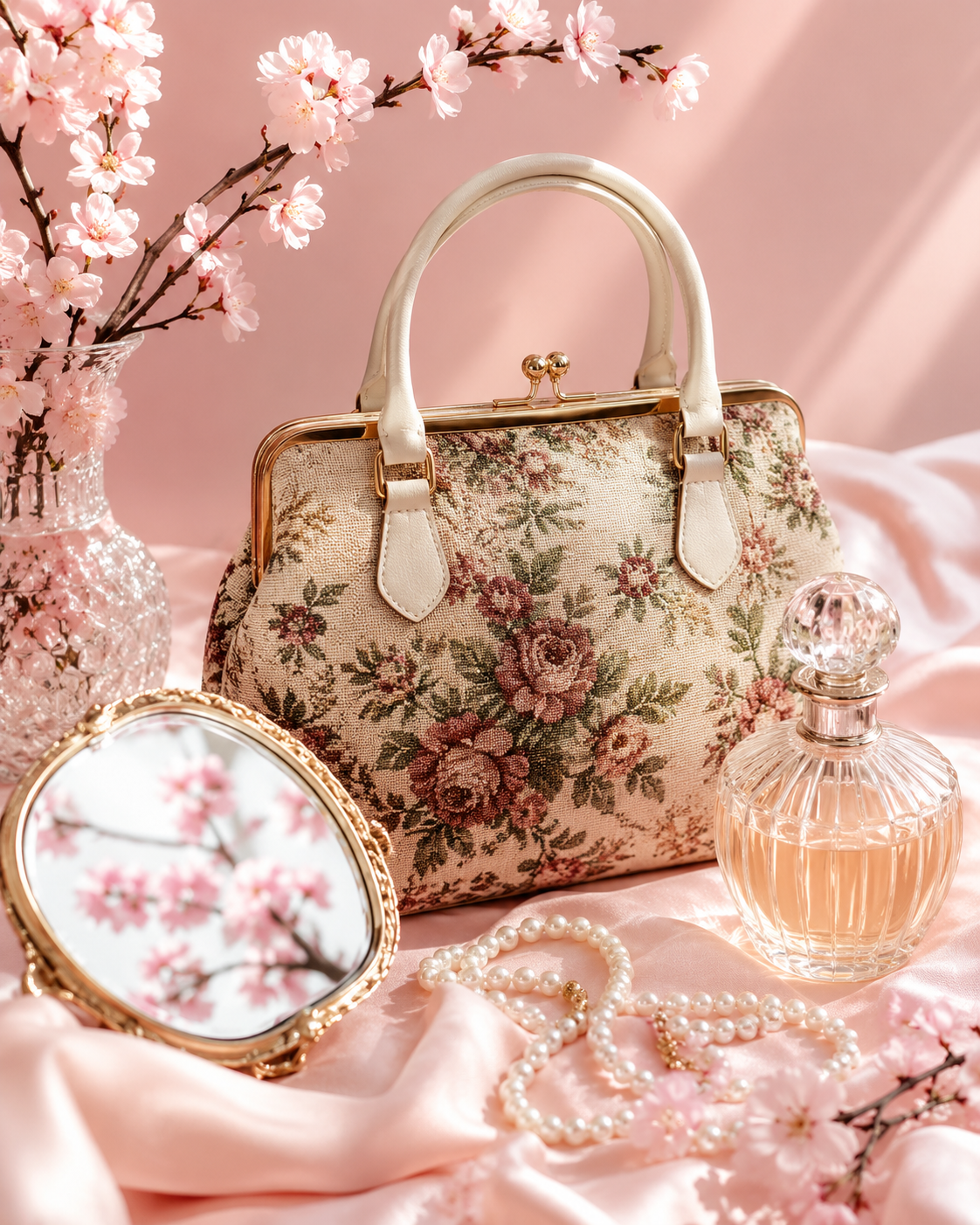 Floral vintage handbag and perfume bottle
