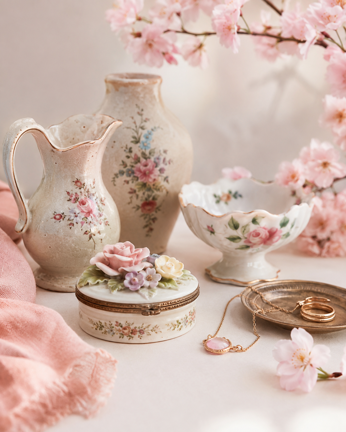 Vintage floral ceramics and trinket box