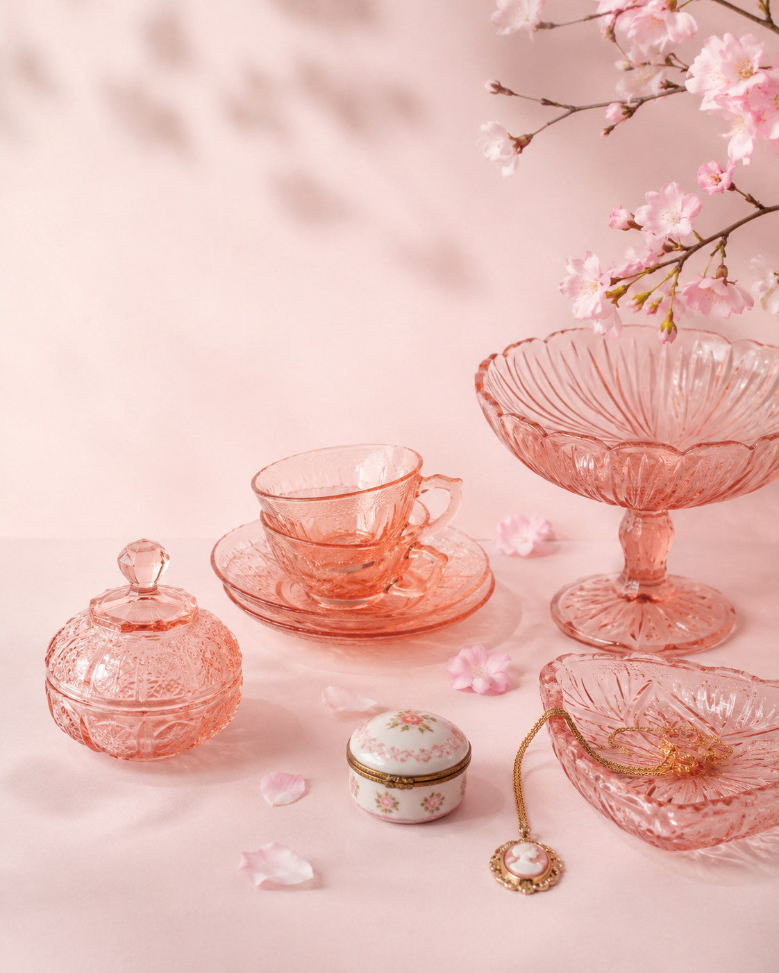 Pink vintage glass and delicate trinkets